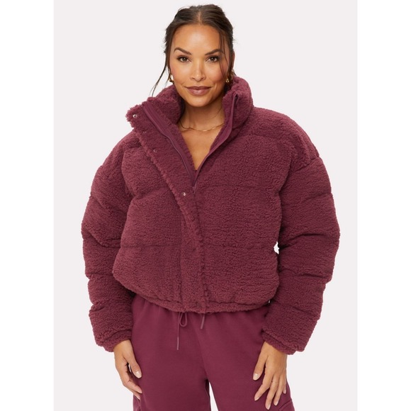 NEW Fabletics Faux Shearling Puffer Jacket Burgundy Babe Cropped Coat Warm XL - Picture 1 of 6